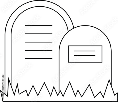 Minimalist line art vector illustration of two gravestones on grass, representing a cemetery or memorial concept.