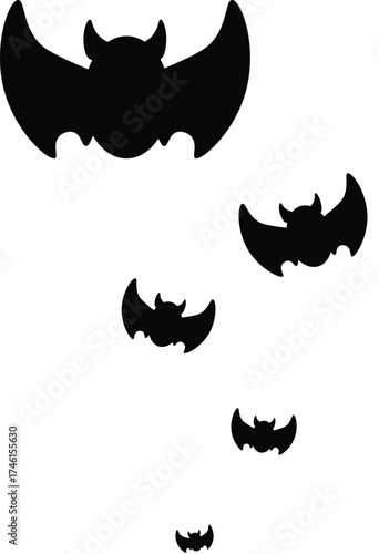 Vector illustration of a group of flying bats in silhouette style. 