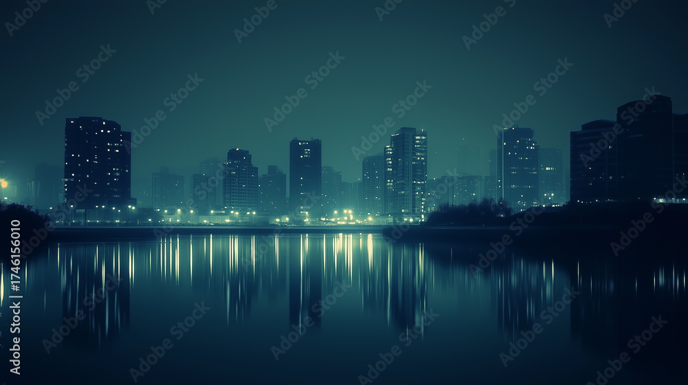 Fototapeta premium Silhouette of the city. Cityscape with buildings. Simple blue background. Urban landscape. Modern city with layers.