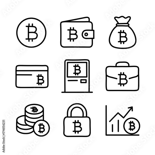 Bitcoin line icon set — wallet, coins, chart, security, and digital payment