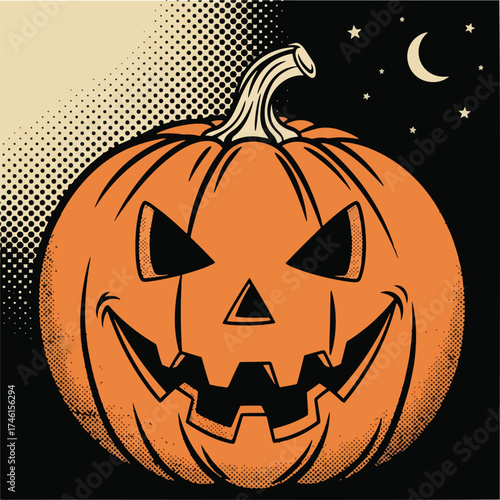 A spooky jack-o'-lantern with a grinning face under a starry night sky with a crescent moon in a retro comic book style.