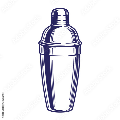 Vector illustration of a vintage cocktail shaker in dark blue outline style