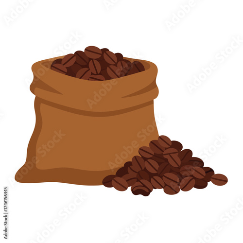 Freshly roasted coffee beans spilling from burlap sack illustration