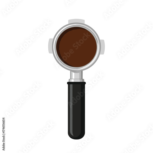 Freshly brewed espresso in silver portafilter ready to pour barista style