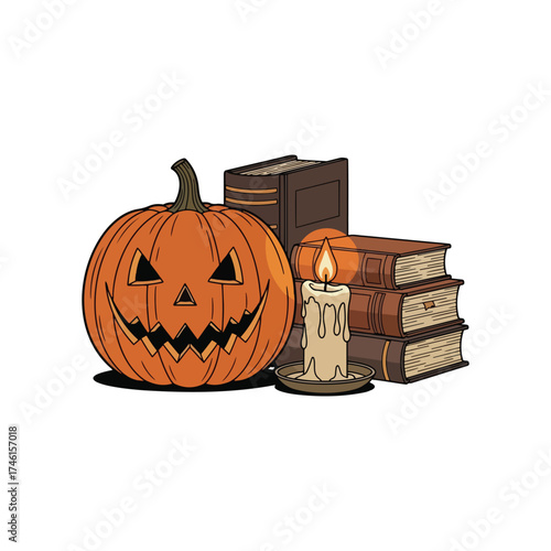 A carved Halloween jack-o'-lantern sits next to a stack of old books and a lit candle.