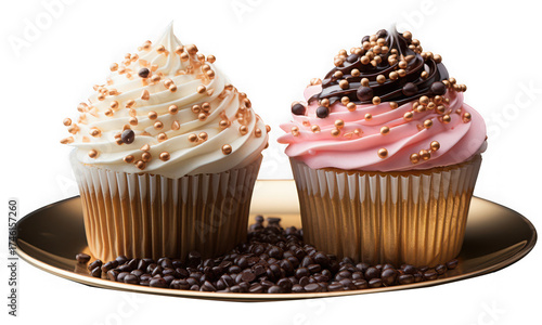 Two delicious cupcakes, one vanilla and one strawberry, adorned with sprinkles and coffee beans on a golden plate, isolated on transparent background, tempting treat