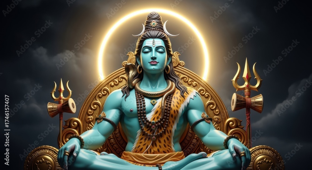 Fototapeta premium A mystical depiction of Lord Shiva, the Hindu deity of destruction, seated in meditation on an ornate golden throne. His blue skin, trident, and halo convey his divine power and spiritual essence.