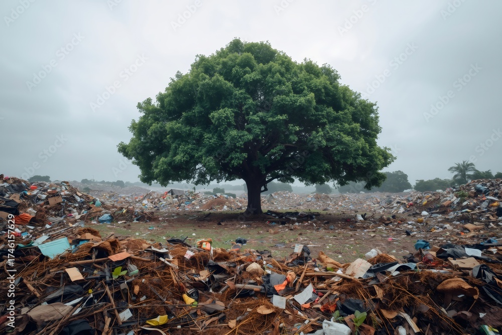 Obraz premium Green tree standing in polluting garbage dump landfill