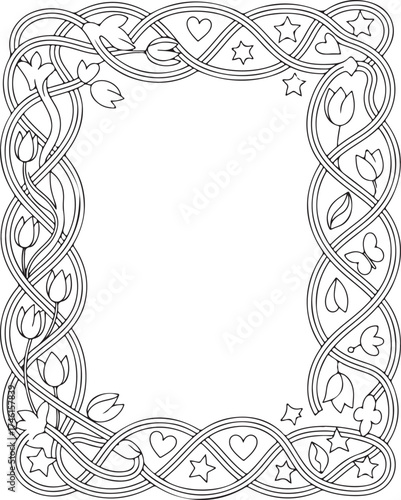 Celtic Knot Vertical Frame with Spring Floral Elements, Coloring Page