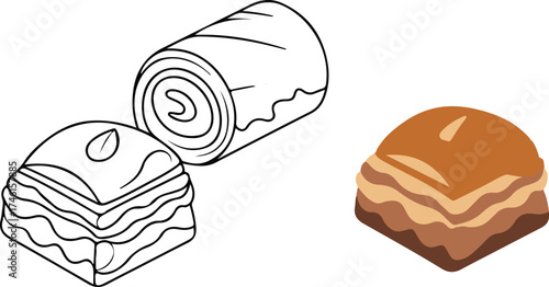 Traditional Middle Eastern Baklava Sweets Set, Line Art and Color