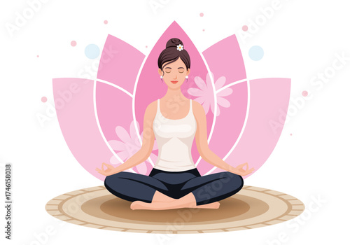 Woman meditating in cross leg pose on mat with pink lotus background promoting yoga relaxation and inner peace