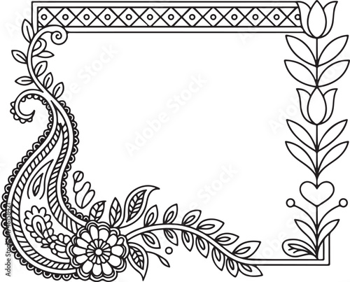 Hand-Drawn Henna Style and Scandinavian Folk Art Corner Frame, Black and White