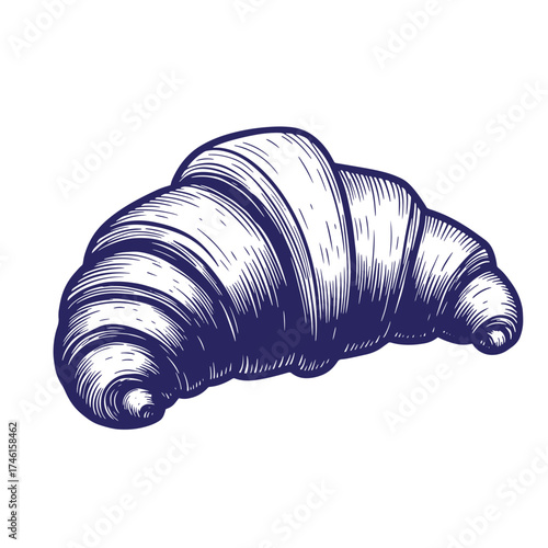 Vintage hand drawn illustration of a flaky butter croissant in a detailed engraved style