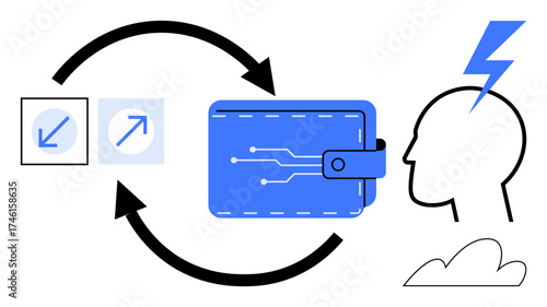 Digital wallet with circuits, bidirectional arrows, decision icons, lightning over head, and cloud. Ideal for fintech, data flow, innovation, decision-making user finance technology vision simple