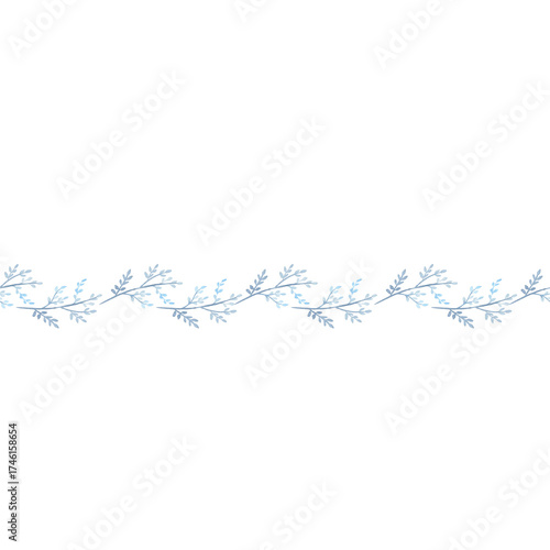 Seamless border. Plant branches with flowers. Blue. Watercolor.