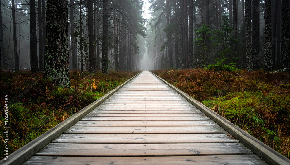 Obraz premium Misty Forest Passage: A Symmetrical Journey