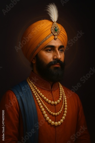 Majestic Indian Maharaja portrait in turban with pearls and royal attire, regal heritage artwork of cultural tradition and history
