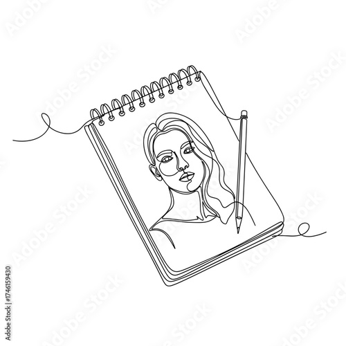 Sketchpad with charcoal drawing of woman in line art style