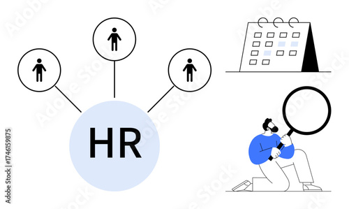 HR network connecting people for hiring, employee management, calendar for planning, recruiter analyzing candidates. Ideal for recruitment, team selection, talent acquisition, scheduling, workforce