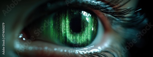 Captivating Green Eye with Glowing Matrix Code Reflections for Digital Aesthetic Imagery