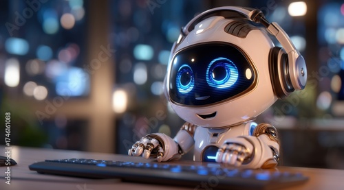Cute cartoon robot character working on computer with headphones in a modern office setting