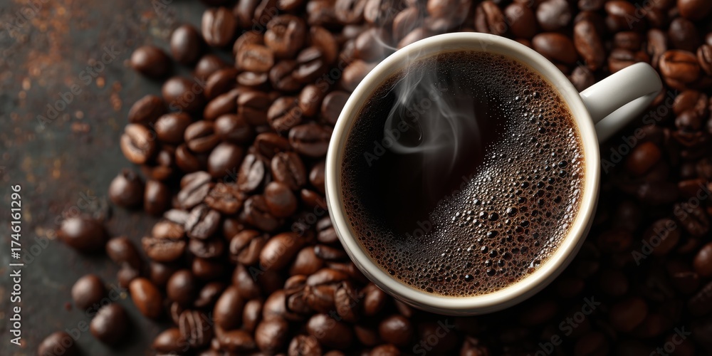 Fototapeta premium Freshly Brewed Coffee in White Cup Surrounded by Roasted Coffee Beans and Steam Rising