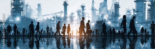 Silhouetted Urban Workers Walking Past Industrial Complex During Sunset in Modern Cityscape