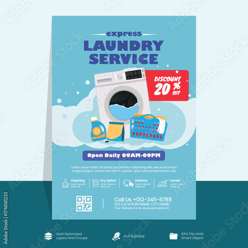 Laundry Service Flyer Template, Laundry Clothes Wash Cleaning Service Flyer, Vector Editable and Print ready 
