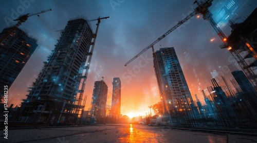Urban Construction Site at Sunset with Cranes and Modern Buildings under Dramatic Sky