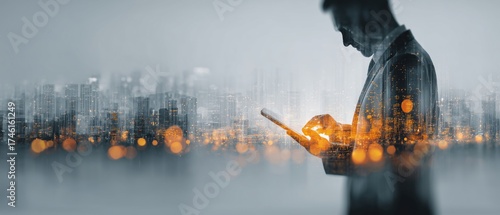Businessman using tablet with city skyline and glowing lights in background, digital concept