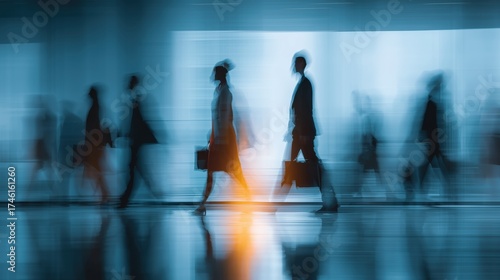 Business Professionals Walking in Office Environment with Motion Blur Effect for Dynamic Feel