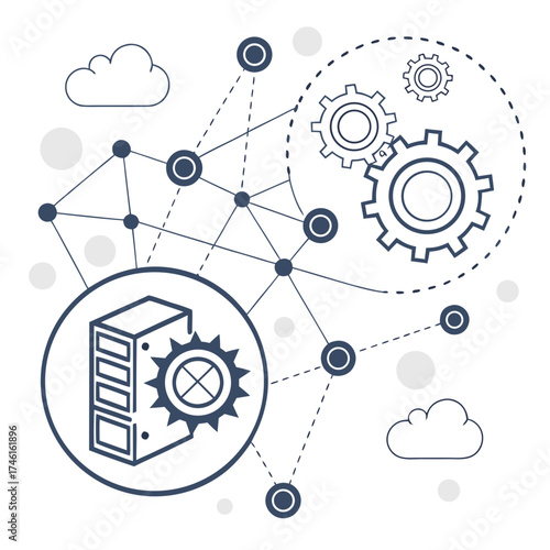 Abstract network of connected gears and server rack symbolizing cloud computing and data processing