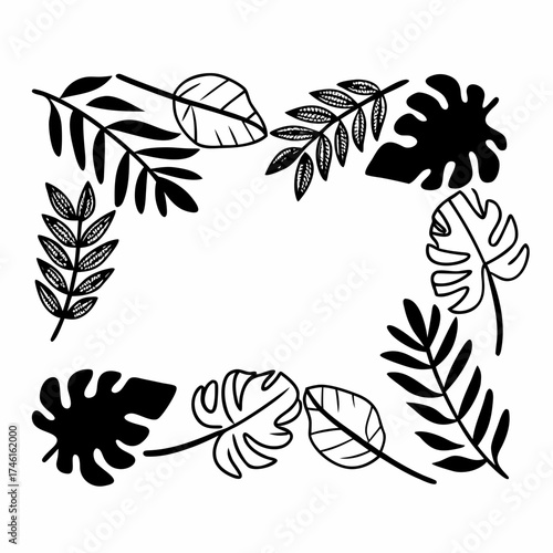 Decorative square frame composed of various tropical leaves and branches in black and white