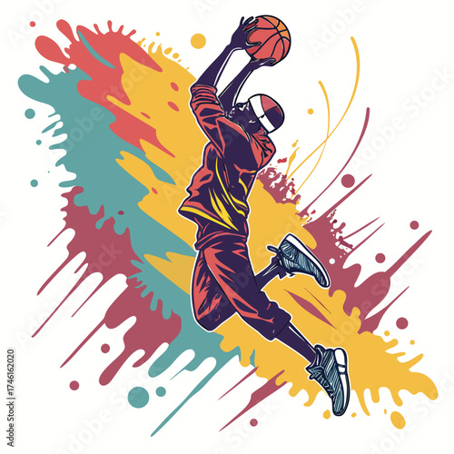 Dynamic illustration of a basketball player mid air making a slam dunk with colorful paint splatters