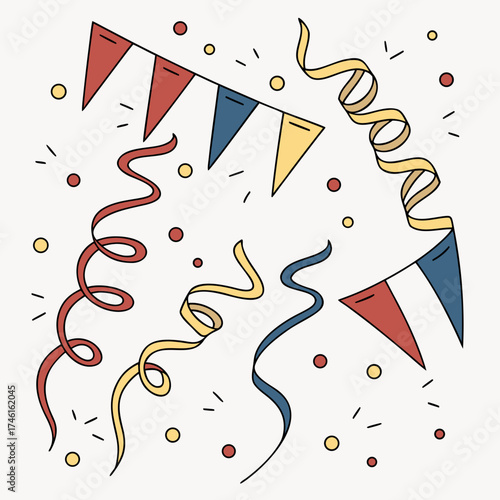 Festive celebration with colorful bunting flags swirling ribbons and scattered confetti for a joyous occasion