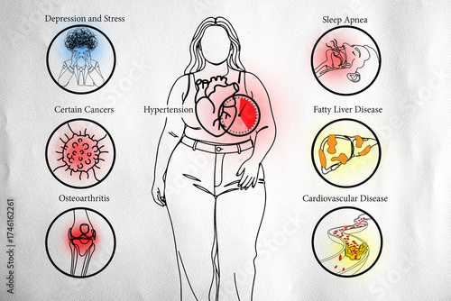 Tableau sur toile Medical infographic showing health risks associated with obesity, including hypertension, cardiovascular disease, sleep apnea, fatty liver disease, osteoarthritis, certain cancers, and mental stress