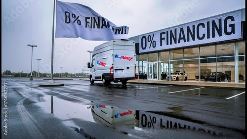 A white delivery van drives past a banner offering 0% financing on a rainy day