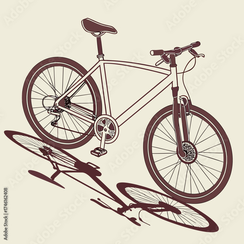 Stylized line art illustration of a modern bicycle with a prominent shadow cast on a neutral background