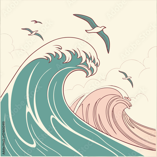 Stylized illustration of large teal and pink ocean waves with seagulls flying in a cloudy sky