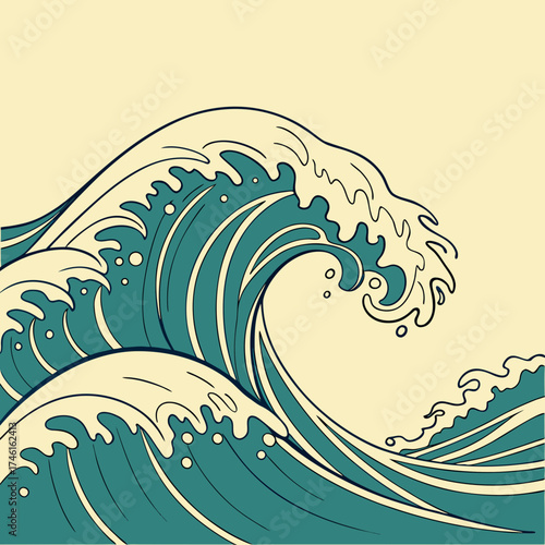 Stylized illustration of powerful teal ocean waves with white foam against a pale yellow background