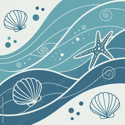 Stylized ocean waves with starfish and seashells in a calming blue color palette