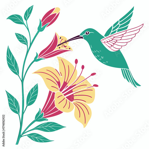 Stylized teal hummingbird feeding on yellow and pink flowers with green leaves