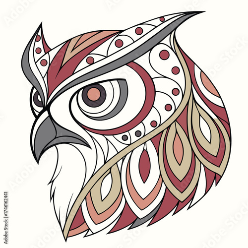 Stylized owl head illustration with intricate patterns and earthy tones on white background