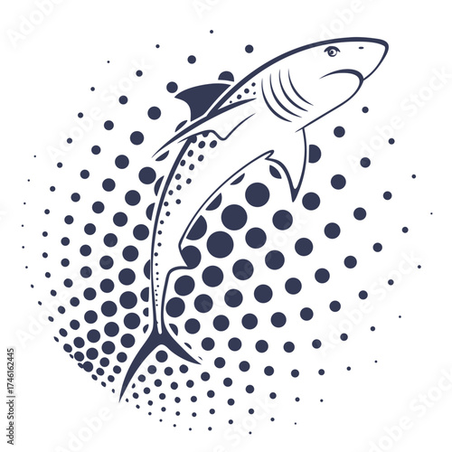 Stylized shark leaping upwards surrounded by a pattern of dark dots on a white background
