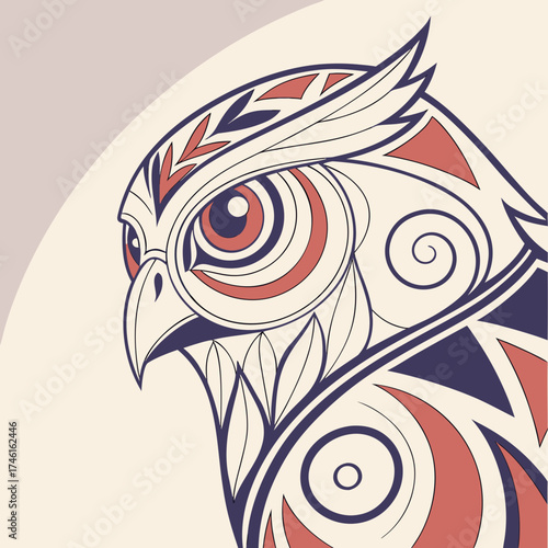Stylized owl portrait with geometric patterns and tribal art elements in earthy tones