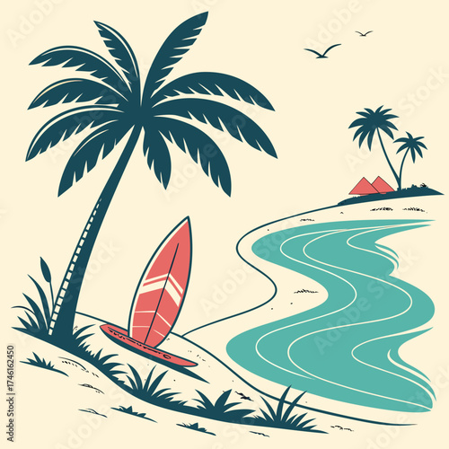 Stylized tropical beach scene with a palm tree surfboard and calm ocean waves under a clear sky