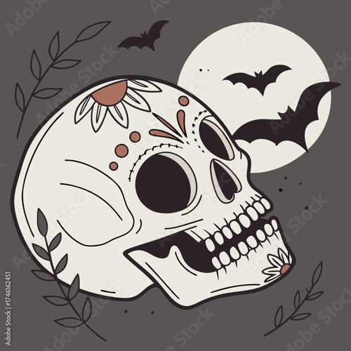 Sugar skull decorated with flowers and bats flying under a full moon