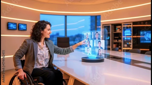 Woman in wheelchair interacts with a holographic display during a meeting in a modern office setting