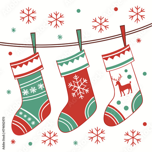 Three festive christmas stockings decorated with snowflakes and a reindeer hanging on a string