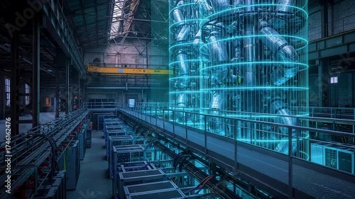 Industrial interior features large machine encased in glowing energy within a metal factory